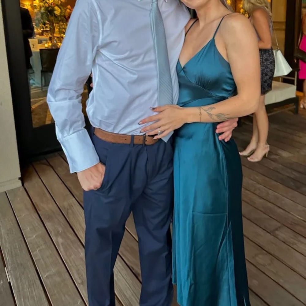 Peacock Teal Blue Satin Tie-Back Midi Slip Dress πΏ - Picture 6 of 10